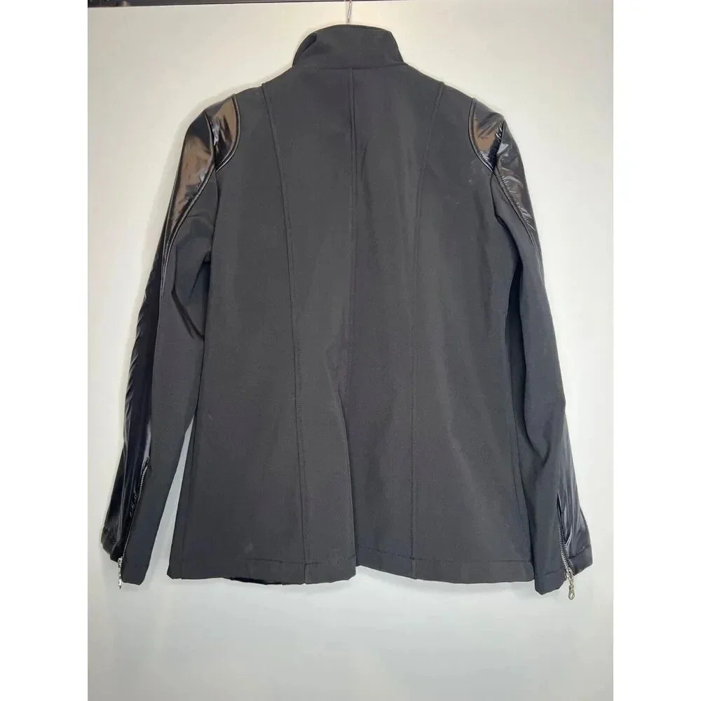 DKNY black faux leather mixed media jacket coat moto button spandex size Small - Picture 6 of 6